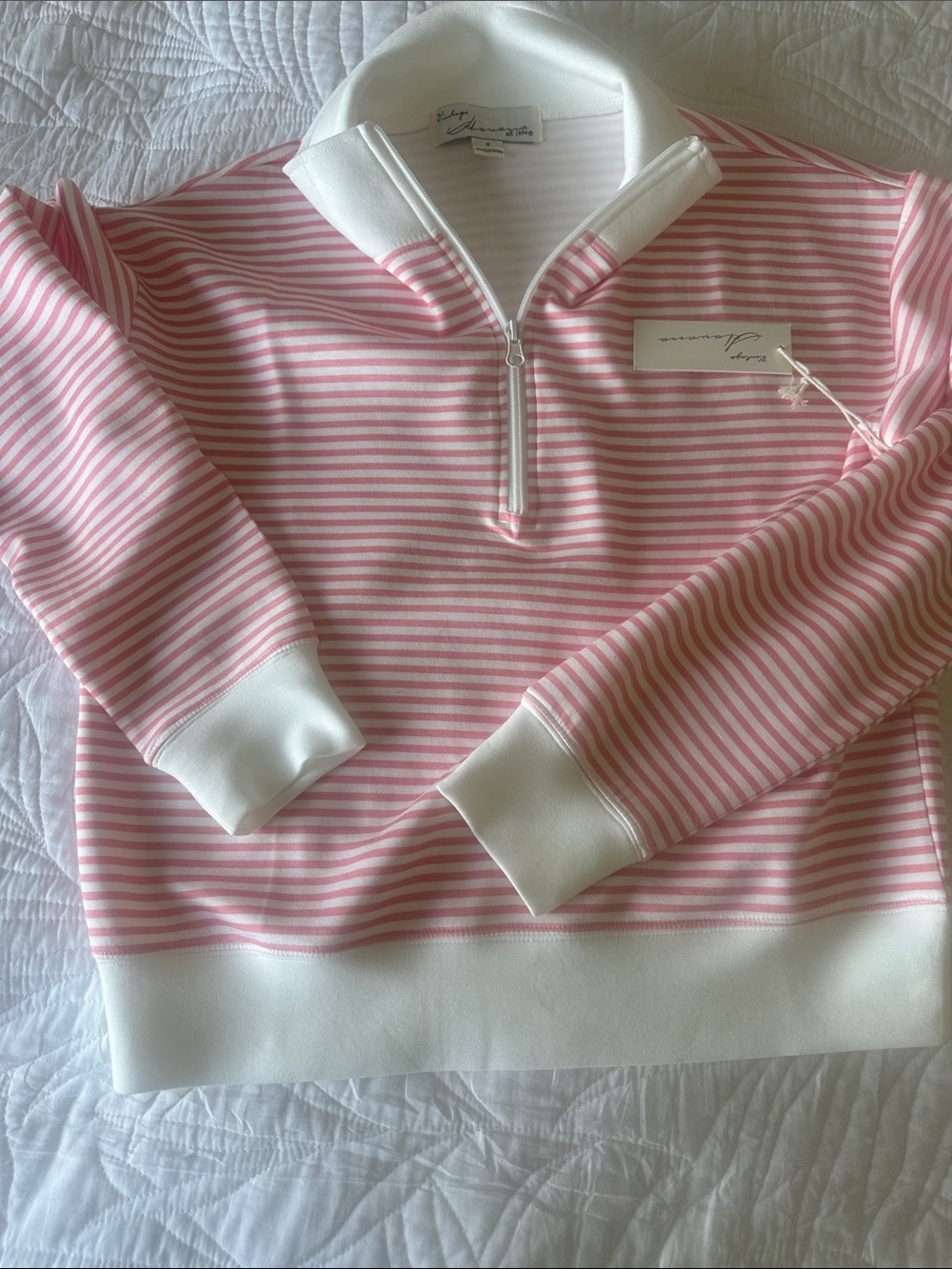 VINTAGE HAVANA Striped Pink & White Half-Zip Pullover